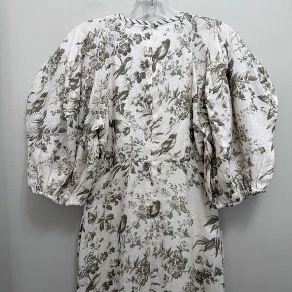 Zimmermann Linen Day Midi Dress Puff Sleeve Pockets Olive Green Toile Floral 6 - Picture 6 of 13
